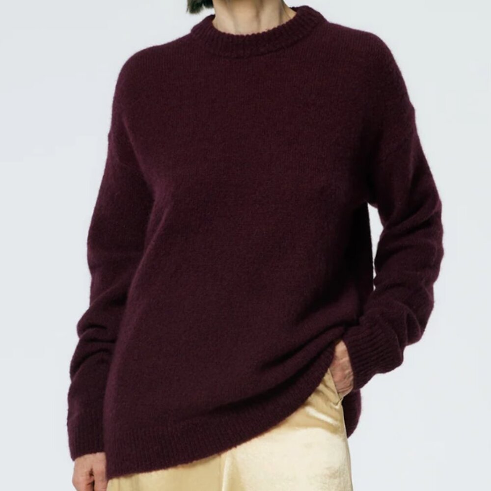 Tibi Soft Mohair Crewneck Easy Pullover, Garnet, Sz S